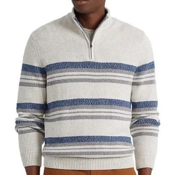 Chaps $80 XL Blue Gray White Striped Stand Collar Pullover Quarter Zip Sweater - Picture 1 of 16